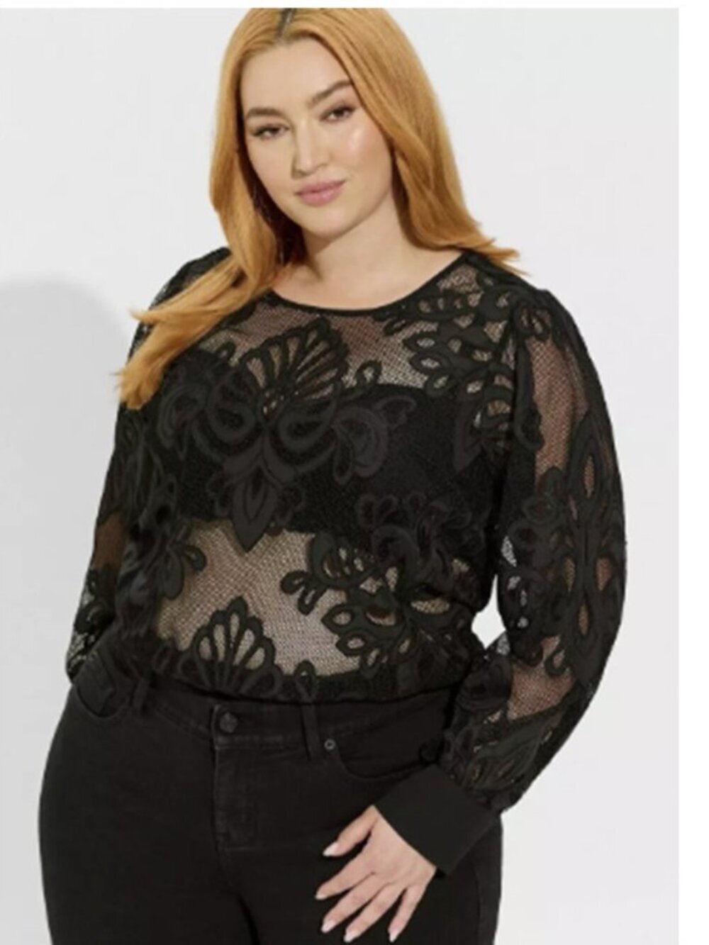 Torrid Mesh Floral Embroidery Long Sleeve Sheer Boho Black Blouse New Size 4X